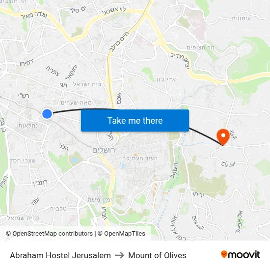 Abraham Hostel Jerusalem to Mount of Olives map