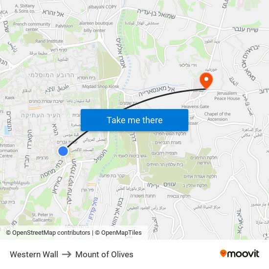 Western Wall to Mount of Olives map