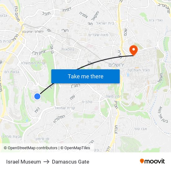 Israel Museum to Damascus Gate map