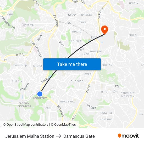 Jerusalem Malha Station to Damascus Gate map