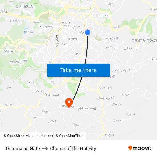 Damascus Gate to Church of the Nativity map