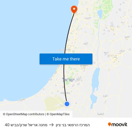 מחנה אריאל שרון/כביש 40 to המרכז הרפואי בני ציון map