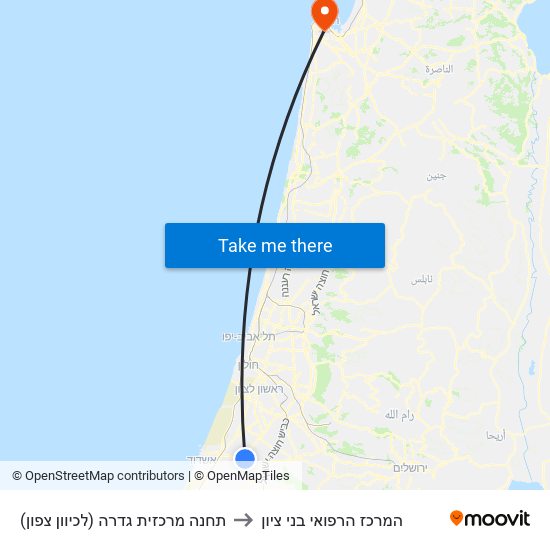 תחנה מרכזית גדרה (לכיוון צפון) to המרכז הרפואי בני ציון map