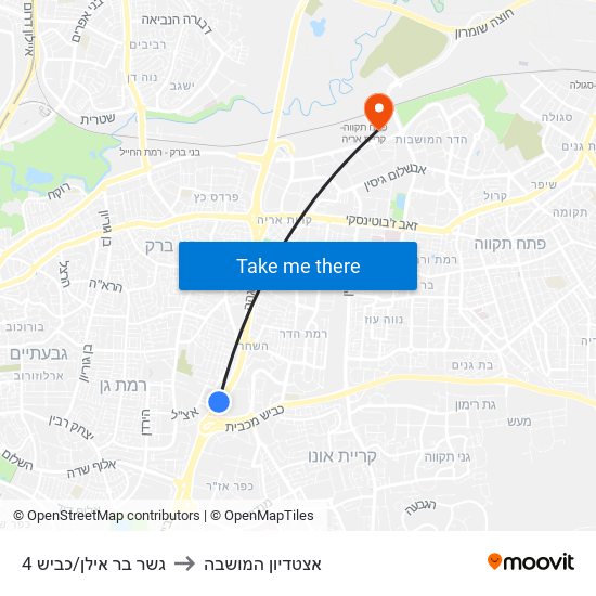 גשר בר אילן/כביש 4 to אצטדיון המושבה map