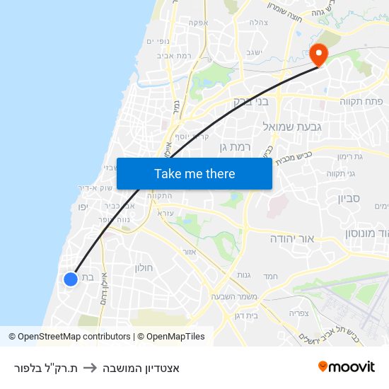 ת.רק''ל בלפור to אצטדיון המושבה map