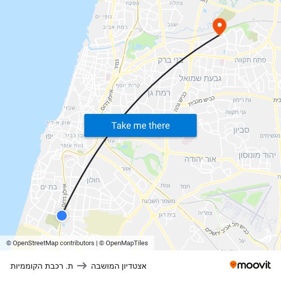 ת. רכבת הקוממיות to אצטדיון המושבה map