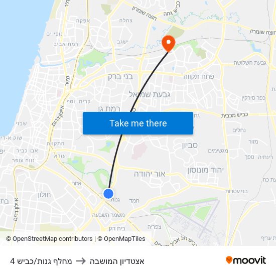 מחלף גנות/כביש 4 to אצטדיון המושבה map