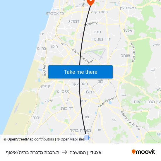 ת.רכבת מזכרת בתיה/איסוף to אצטדיון המושבה map