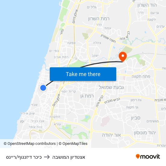 כיכר דיזנגוף/ריינס to אצטדיון המושבה map