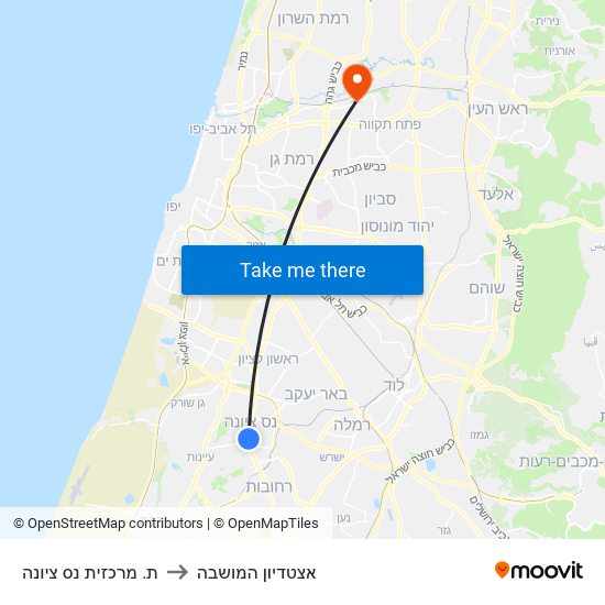 ת. מרכזית נס ציונה to אצטדיון המושבה map