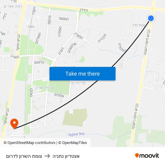 צומת השרון לדרום to אצטדיון נתניה map