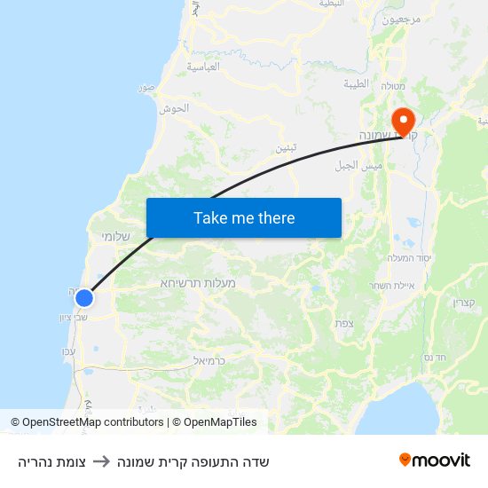 צומת נהריה to שדה התעופה קרית שמונה map