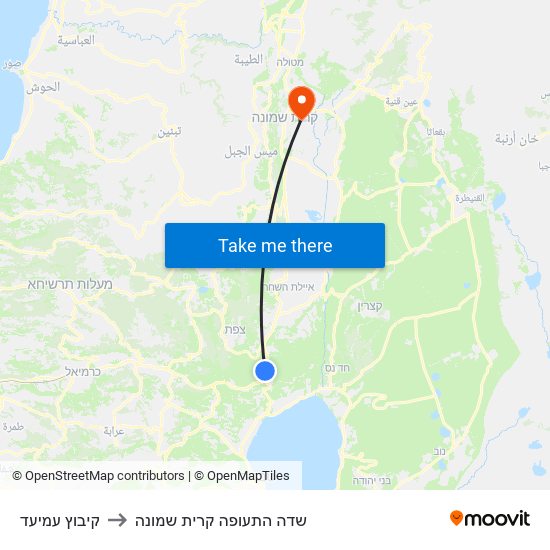 קיבוץ עמיעד to שדה התעופה קרית שמונה map