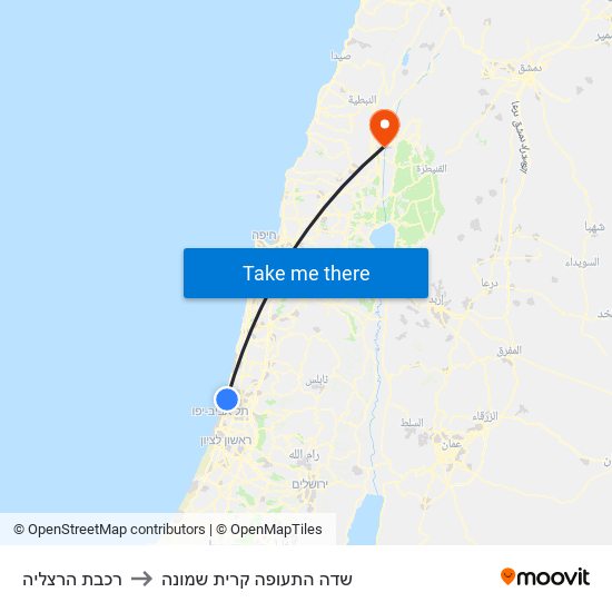 רכבת הרצליה to שדה התעופה קרית שמונה map