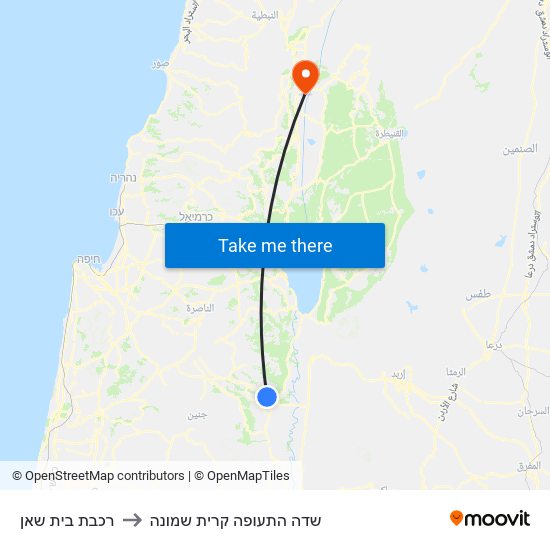 רכבת בית שאן to שדה התעופה קרית שמונה map