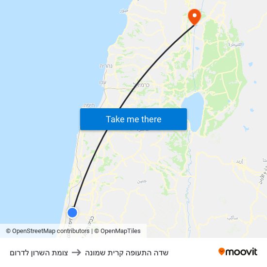 צומת השרון לדרום to שדה התעופה קרית שמונה map