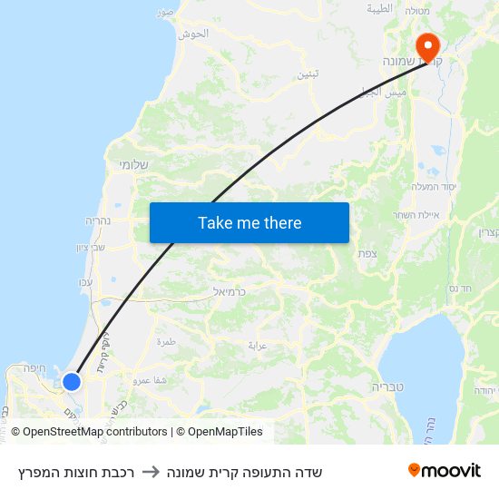 רכבת חוצות המפרץ to שדה התעופה קרית שמונה map