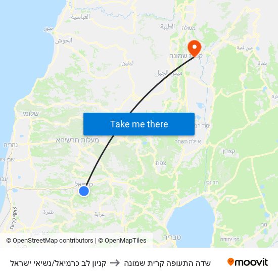 קניון לב כרמיאל/נשיאי ישראל to שדה התעופה קרית שמונה map