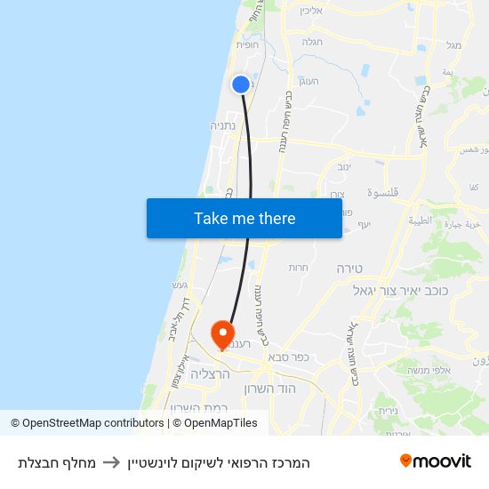 מחלף חבצלת to המרכז הרפואי לשיקום לוינשטיין map