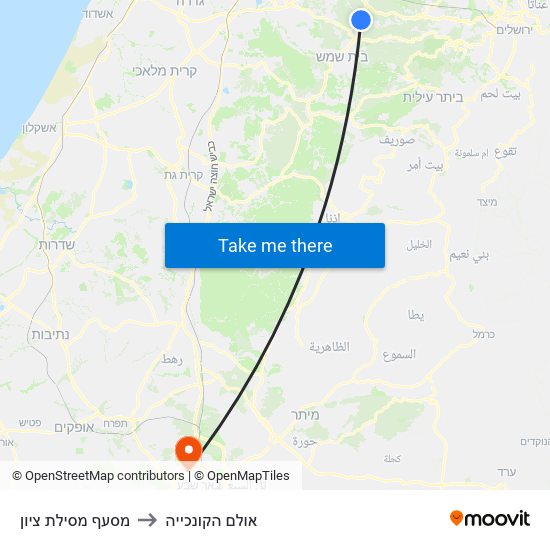 מסעף מסילת ציון to אולם הקונכייה map