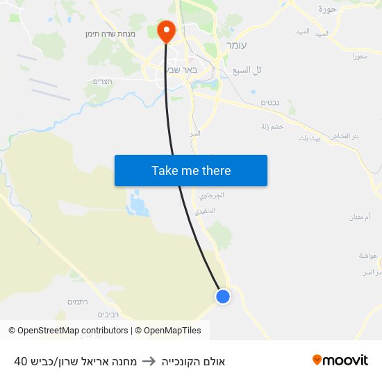 מחנה אריאל שרון/כביש 40 to אולם הקונכייה map