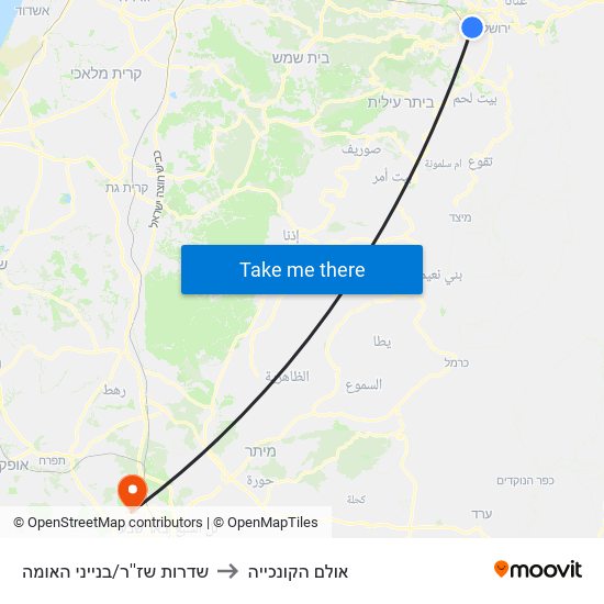 שדרות שז''ר/בנייני האומה to אולם הקונכייה map