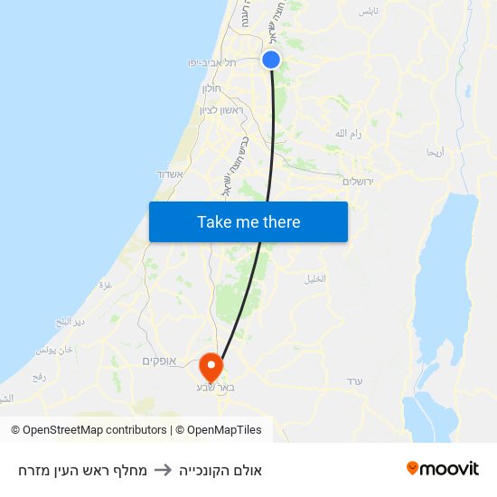 מחלף ראש העין מזרח to אולם הקונכייה map