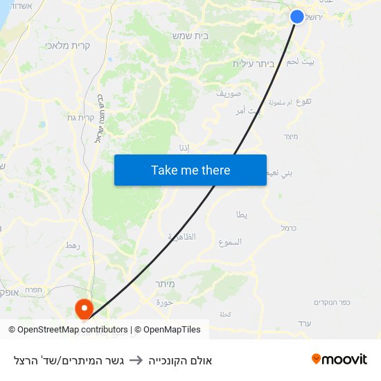 גשר המיתרים/שד' הרצל to אולם הקונכייה map