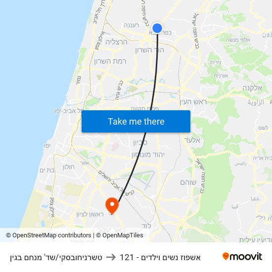 טשרניחובסקי/שד' מנחם בגין to 121 - אשפוז נשים וילדים map