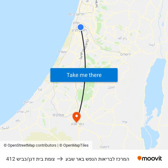 צומת בית דגן/כביש 412 to המרכז לבריאות הנפש באר שבע map