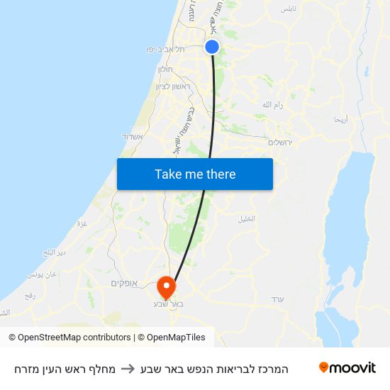 מחלף ראש העין מזרח to המרכז לבריאות הנפש באר שבע map