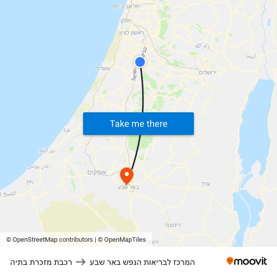 רכבת מזכרת בתיה to המרכז לבריאות הנפש באר שבע map