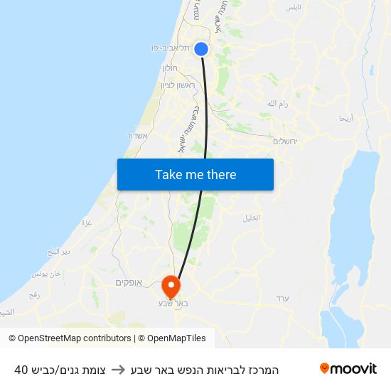 צומת גנים/כביש 40 to המרכז לבריאות הנפש באר שבע map