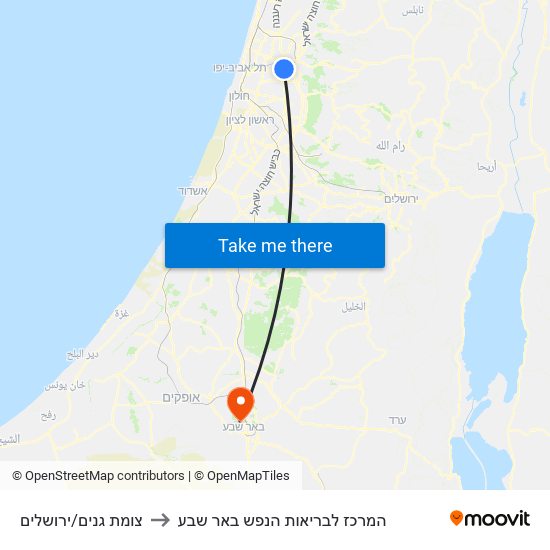צומת גנים/ירושלים to המרכז לבריאות הנפש באר שבע map