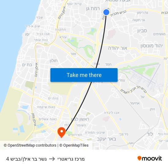 גשר בר אילן/כביש 4 to מרכז גריאטרי map