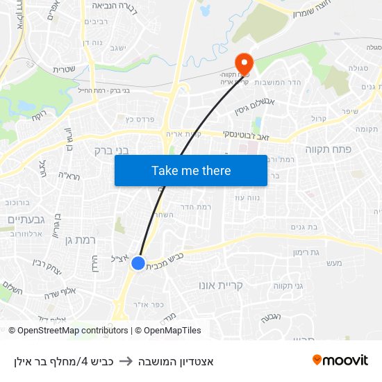 כביש 4/מחלף בר אילן to אצטדיון המושבה map