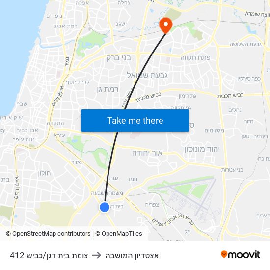 צומת בית דגן/כביש 412 to אצטדיון המושבה map
