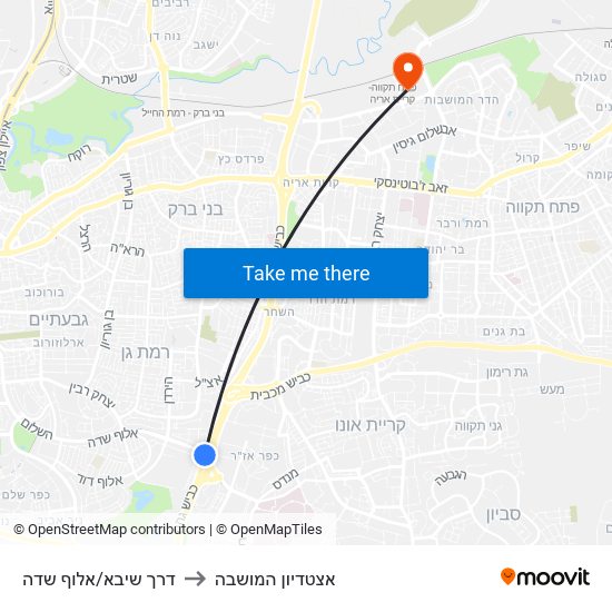 דרך שיבא/אלוף שדה to אצטדיון המושבה map