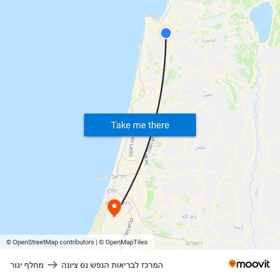 מחלף יגור to המרכז לבריאות הנפש נס ציונה map