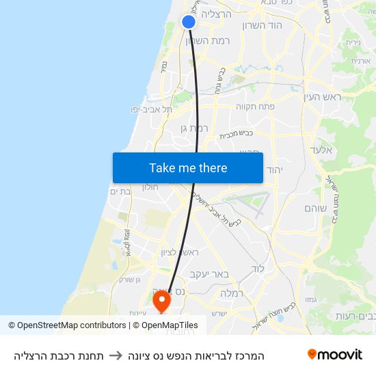 תחנת רכבת הרצליה to המרכז לבריאות הנפש נס ציונה map