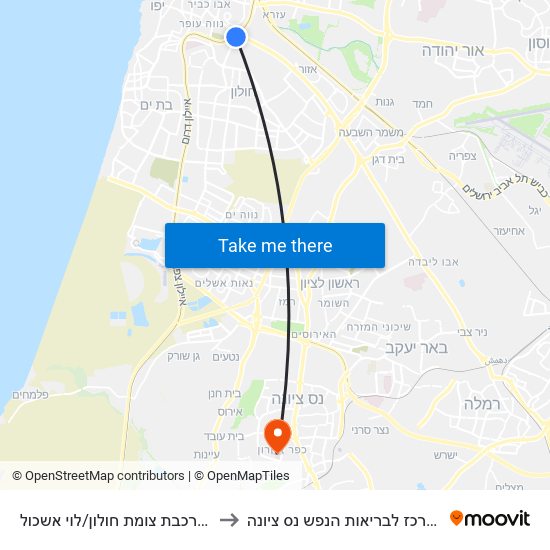 ת. רכבת צומת חולון/לוי אשכול to המרכז לבריאות הנפש נס ציונה map