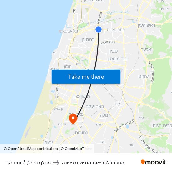 מחלף גהה/ז'בוטינסקי to המרכז לבריאות הנפש נס ציונה map