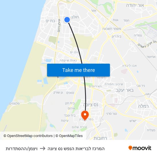 ויצמן/ההסתדרות to המרכז לבריאות הנפש נס ציונה map