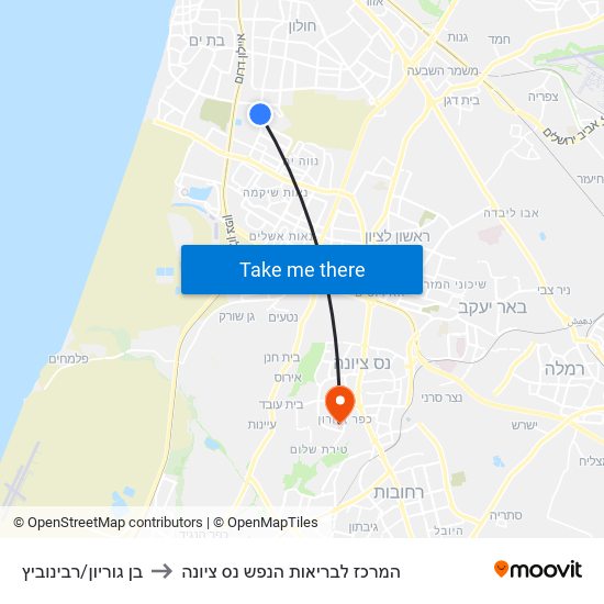 בן גוריון/רבינוביץ to המרכז לבריאות הנפש נס ציונה map