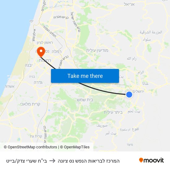 בי''ח שערי צדק/בייט to המרכז לבריאות הנפש נס ציונה map