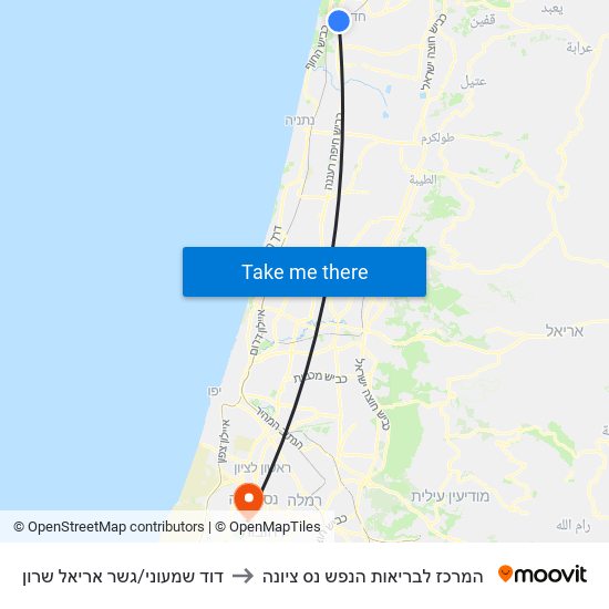 דוד שמעוני/גשר אריאל שרון to המרכז לבריאות הנפש נס ציונה map