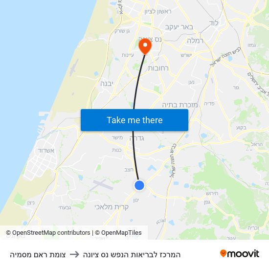 צומת ראם מסמיה to המרכז לבריאות הנפש נס ציונה map