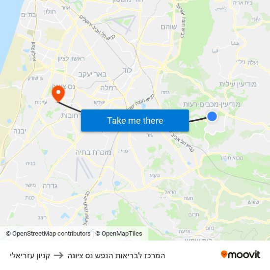 קניון עזריאלי to המרכז לבריאות הנפש נס ציונה map