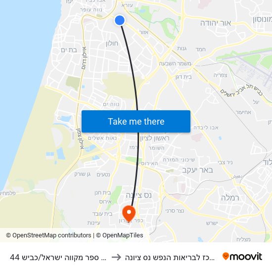 בית ספר מקווה ישראל/כביש 44 to המרכז לבריאות הנפש נס ציונה map