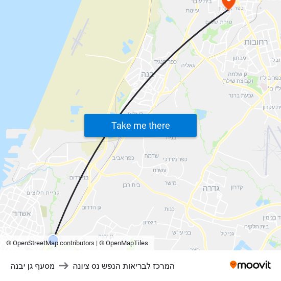 מסעף גן יבנה to המרכז לבריאות הנפש נס ציונה map